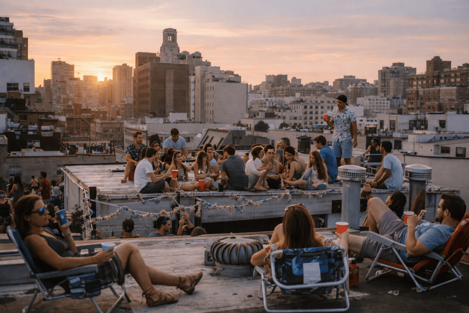 Two people outdoors in a relaxed golden-hour setting.
